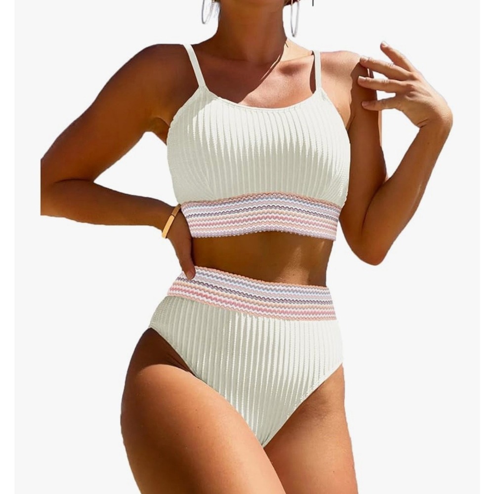 Zuvebamyo Women's Two Piece High Waist Bikini Swimsuit Set Rib White S Small New